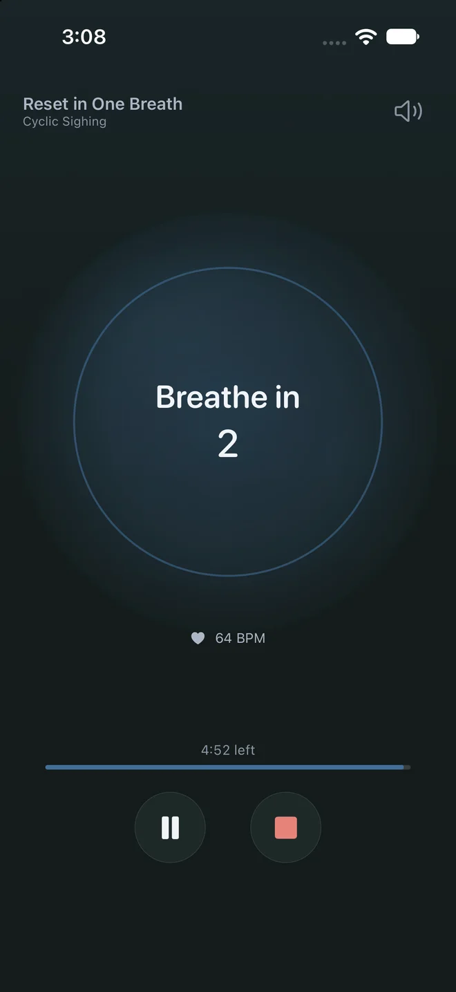 Sereze on iPhone: Breathe in, phase countdown and a 64 bpm heart-rate reading