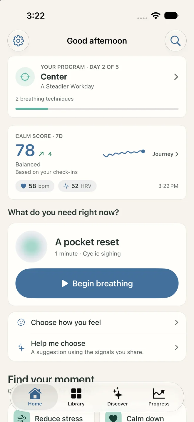 Light appearance Home screen with an active program and daily breathing practice