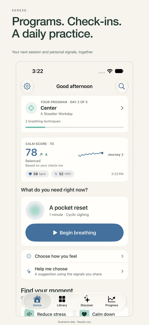 Programs. Check-ins. A daily practice. — Sereze home in light appearance